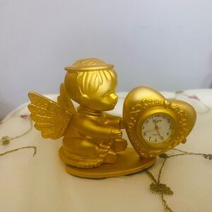 Vintage Elgin Angel Baby Boy Heart Clock-Gold Plated-3.5x2.5 inch